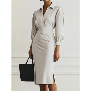 Ruched Midi Shirt Dress with Side Slit
